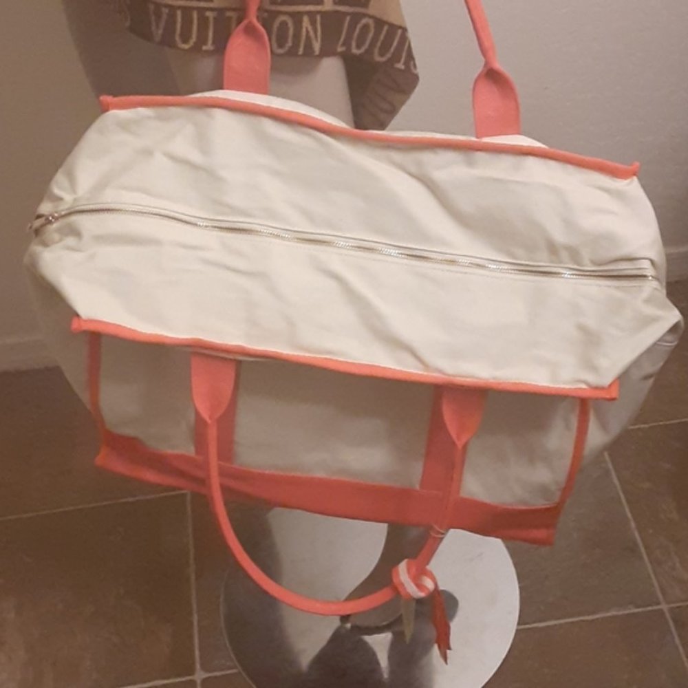 Canvas Tote Extra Large Bag Beach Natural / Coral - Picture 4 of 10